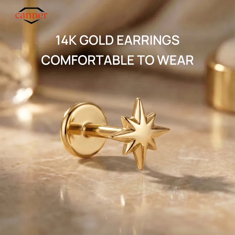 Body Jewelry Hypoallergenic - CANNER 1PC 14K Solid Gold Eight-pointed