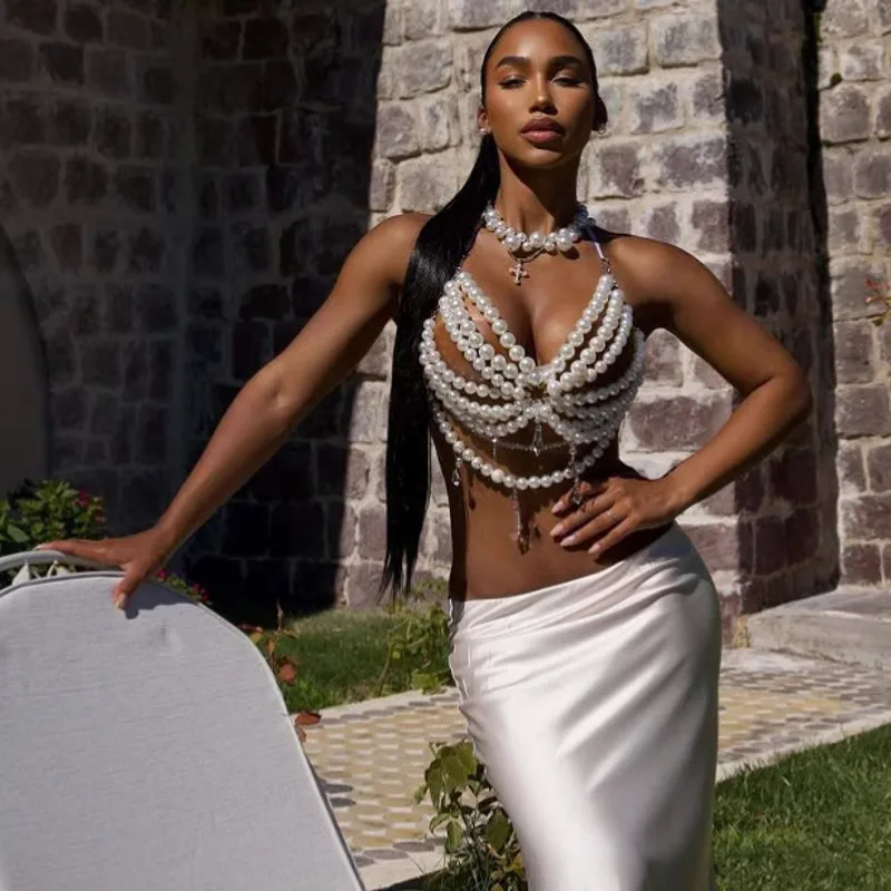Body Jewelry Vest - Hand-woven Plastic Pearls Breast Chain Halter
