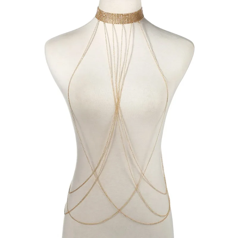 Body Jewelry Harness - Gold Color Body Chain Women Rhinestone