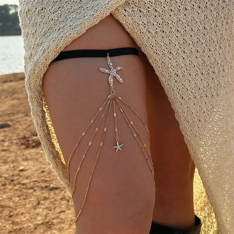 Body Jewelry Thigh Chain - Boho Elastic Band Starfish Pearl Leg