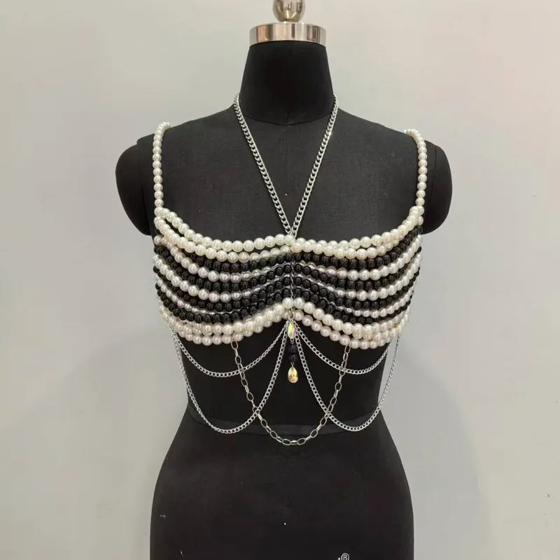 Body Jewelry Vest - Black White Woven Plastic Pearls Camis