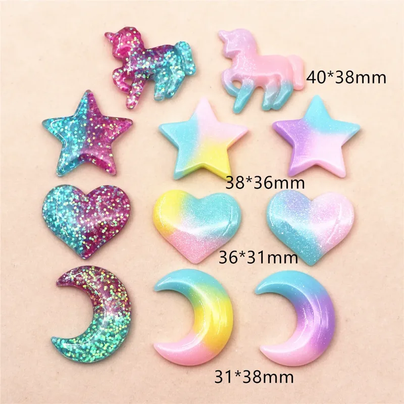 Star Flat Back - 10pcs Adorable Resin Glitter Five Star/Heart/Moon/Unicorn