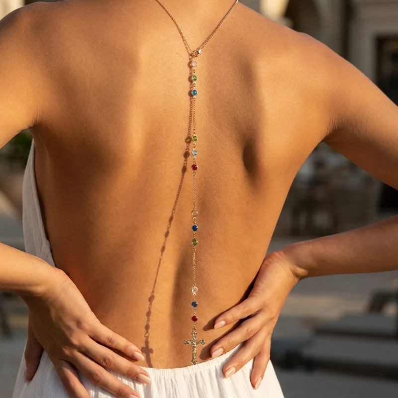 Body Jewelry Dress - Minimalist Cross Crystal Back Necklace Body